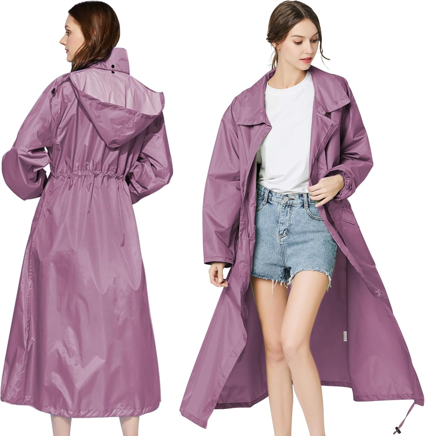 LAMA Womens Long Raincoats Waterproof Packable Windbreaker