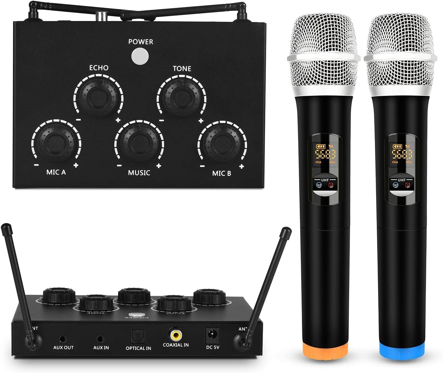 Portable Karaoke Microphone Mixer System with Dual UHF Wireless Mics