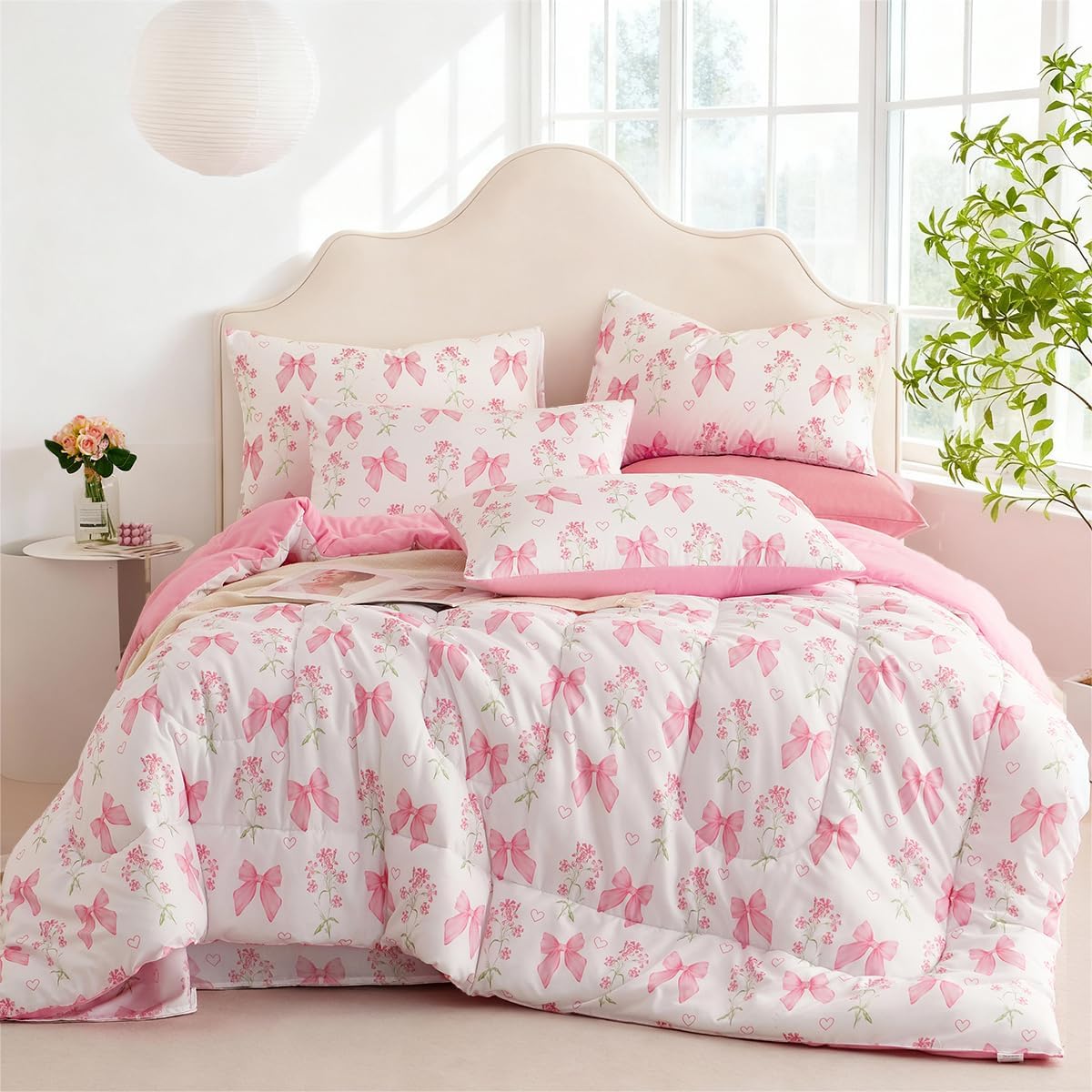 Pink Bow Comforter Set Queen 3Pcs Floral Bedding for Girls