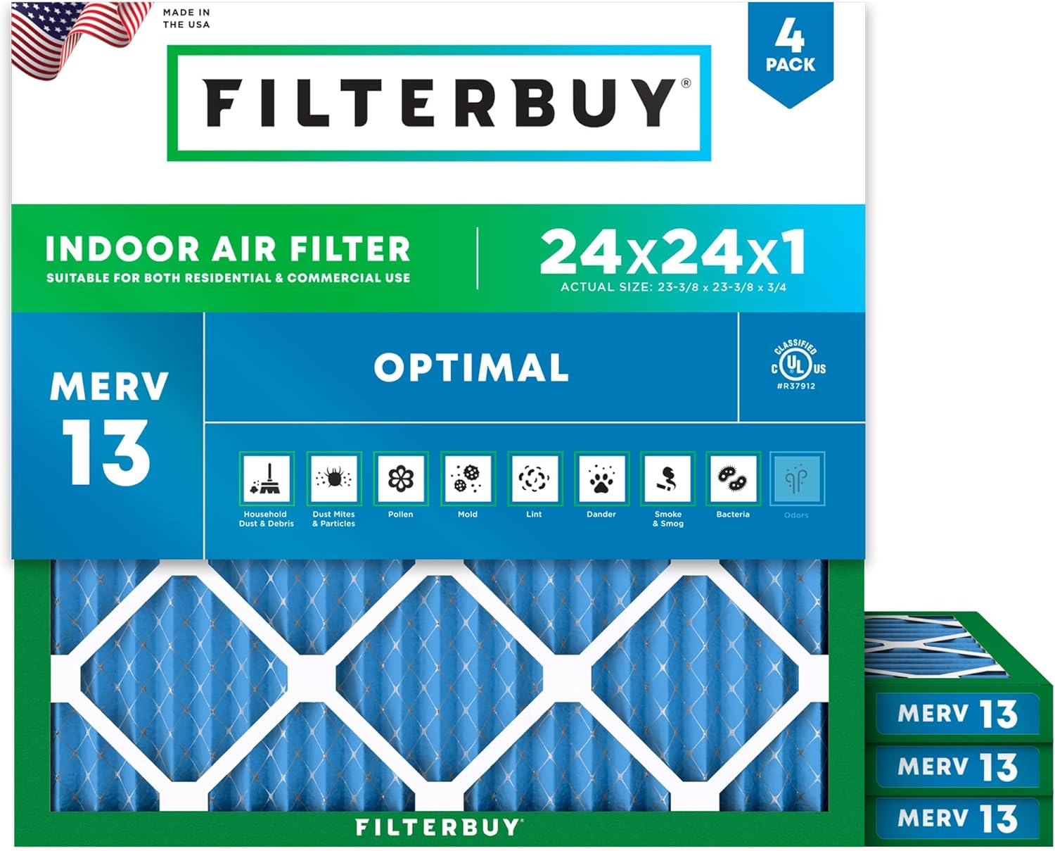 Filterbuy 24x24x1 Air Filter MERV 13 for Smoke & Allergy Defense
