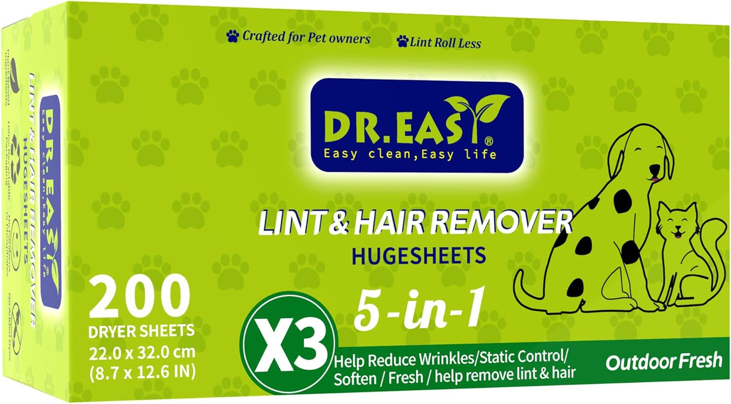 Dr.Easy Pet HUGESHEETS 3X Dryer Sheets, 200ct - Easily Remove Lint & Hair!
