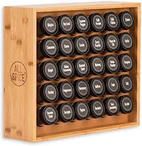AllSpice Wood Spice Rack with 30 Jars for Organized Cooking