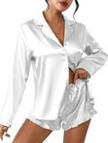 Ekouaer Womens Satin Pajama Sets Long Sleeve Top and Shorts - Soft Our