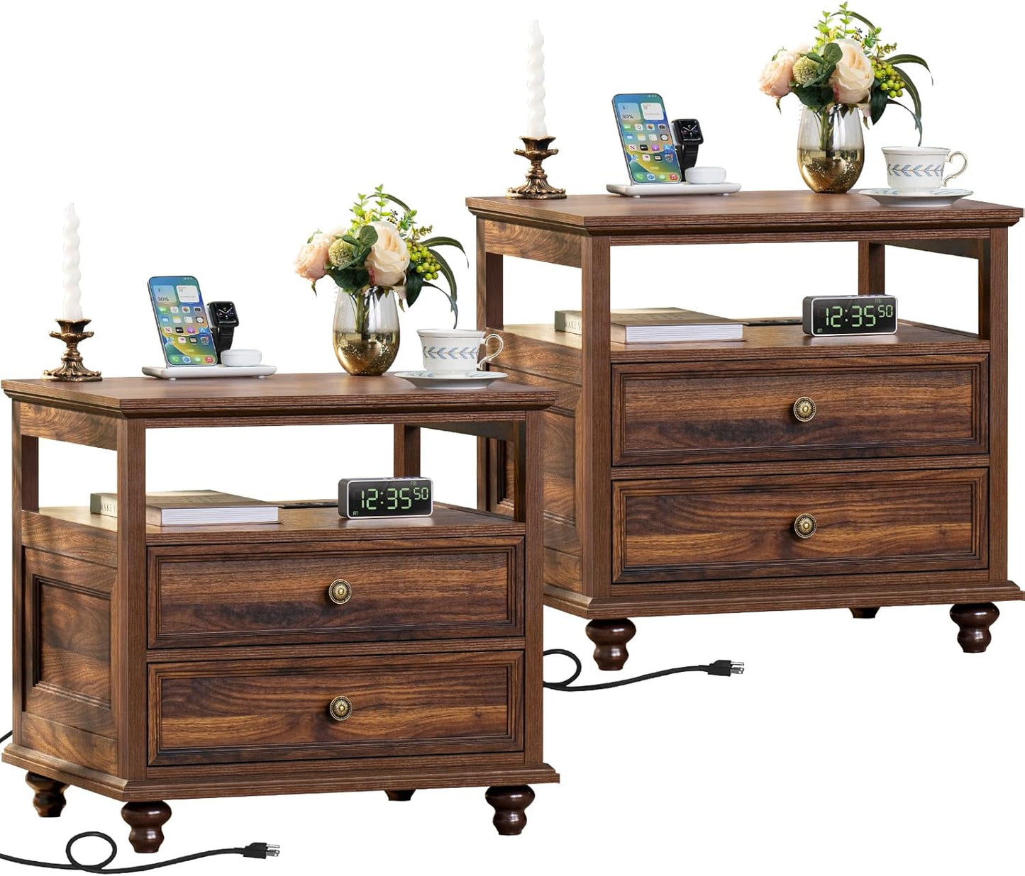 Farmhouse Nightstand Set of 2 with Charging Station for Bedroom