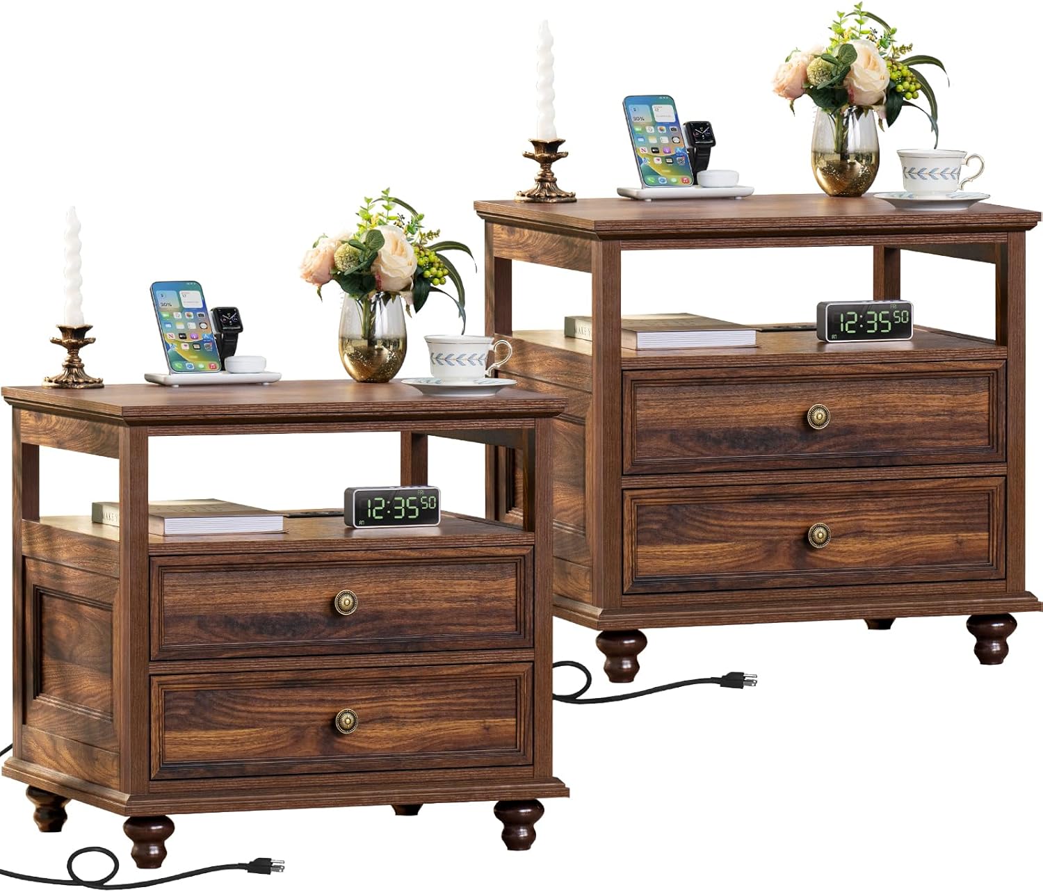 Farmhouse Nightstand Set of 2 with Charging Station for Bedroom