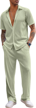 Men's 2 Piece Vertical Stripes Casual Shirt and Pants Set - Beach