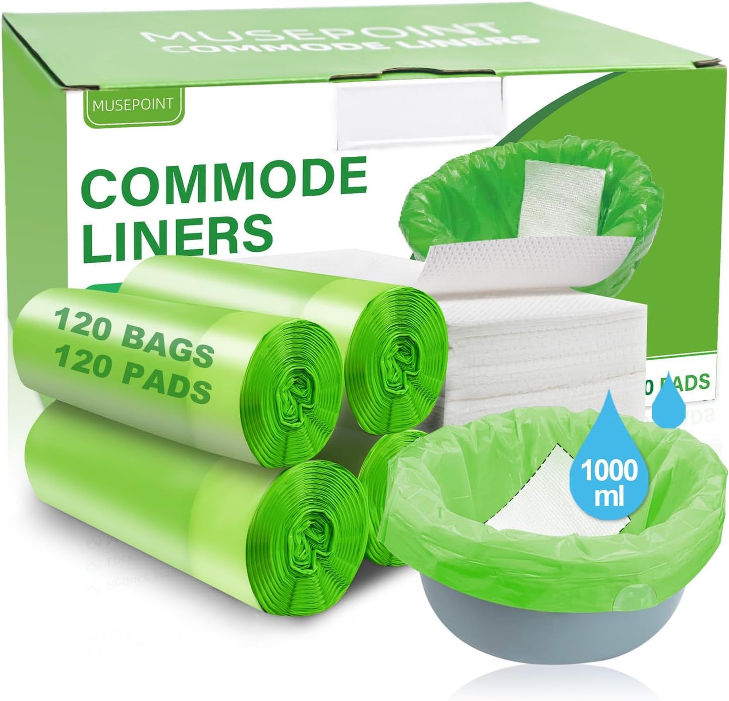 120 Pack Commode Liners with Super Absorbent Pads for Comfort
