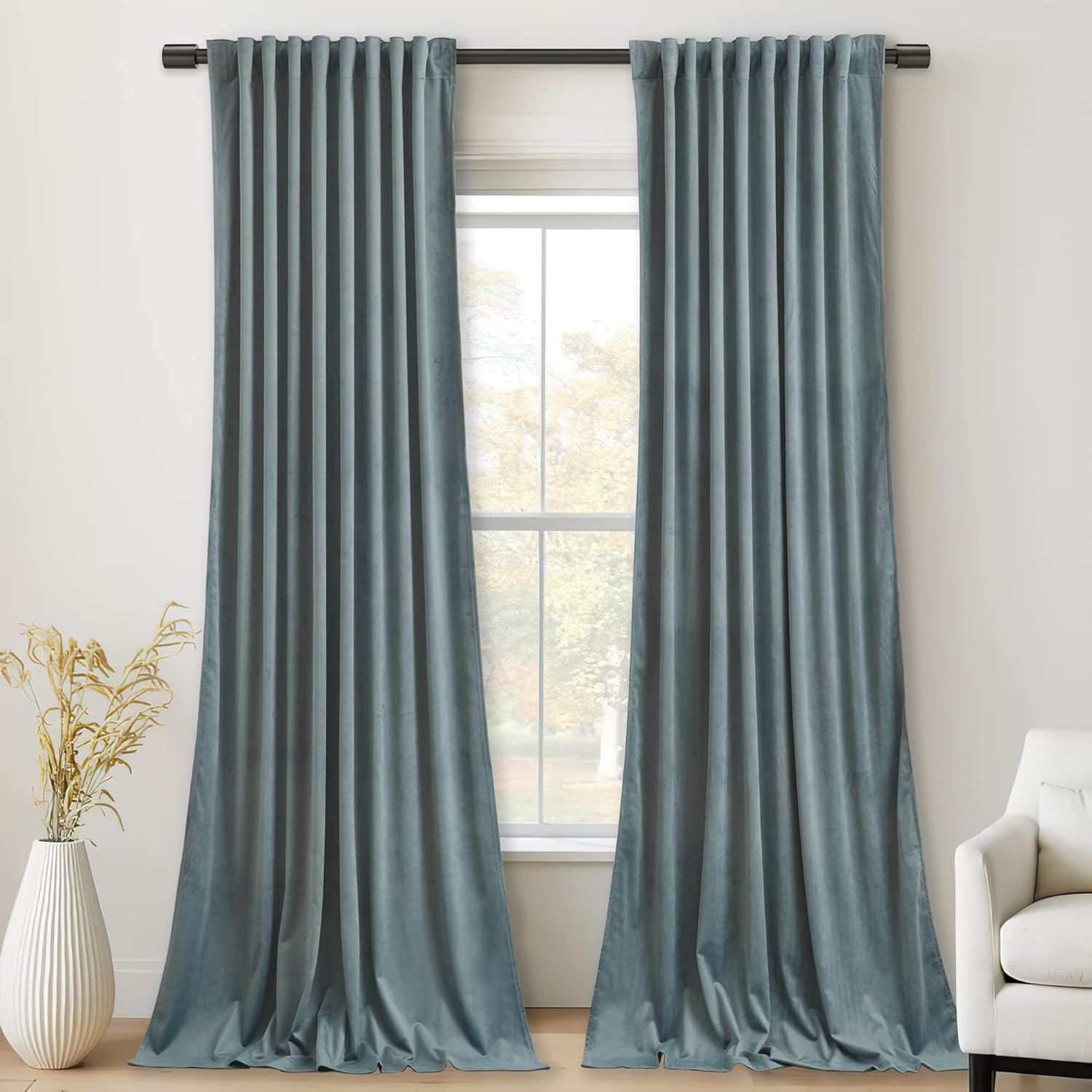 StangH 90 inches Velvet Curtains in Stone Blue for Cozy Spaces