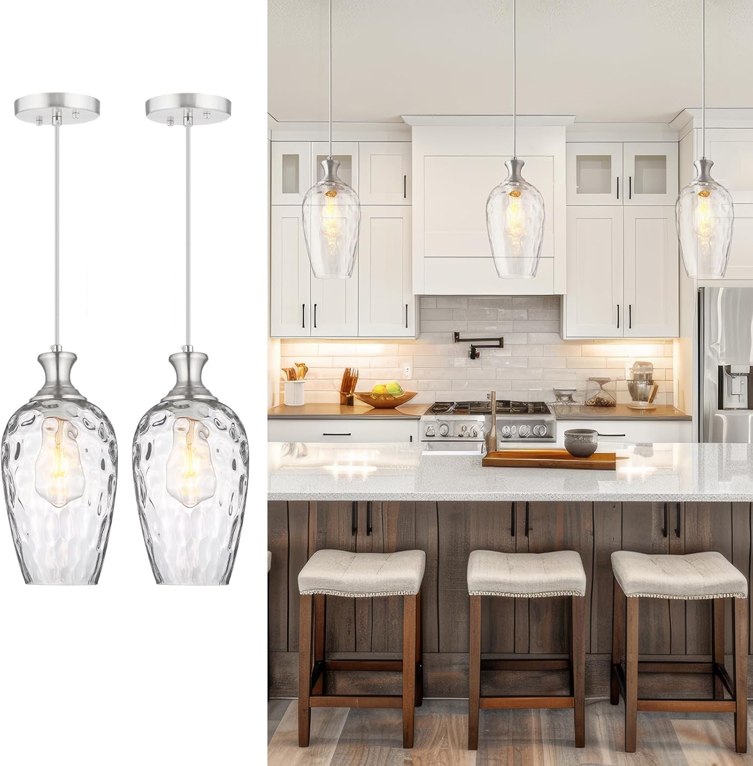 Hand-Blown Glass Pendant Lights for Kitchen Island 2 Pack