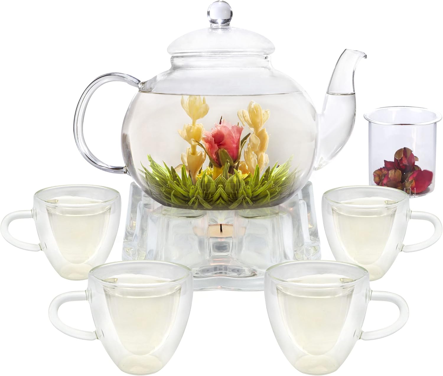 Elegant Glass Teapot Set with Double-Wall Cups and Infuser