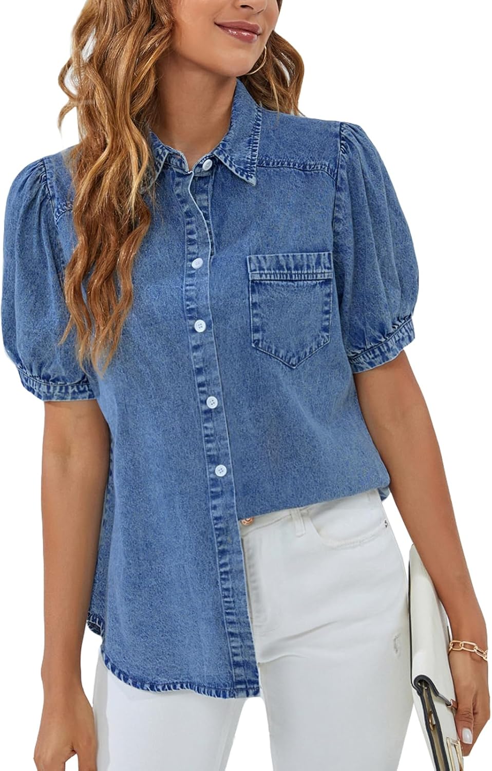 BMJL Womens Denim Shirt Business Casual Button Down Blouse