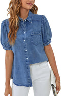 Womens Denim Shirt Business Casual Button Down Puff Sleeve Top