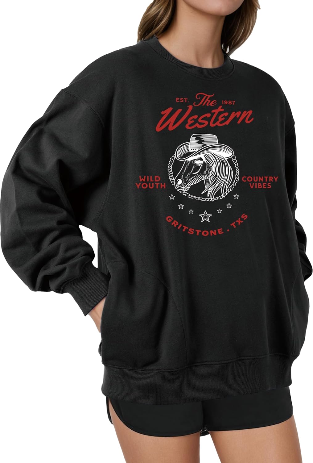 Cozy Western Graphic Sweatshirt with Pockets by BAVATIMO