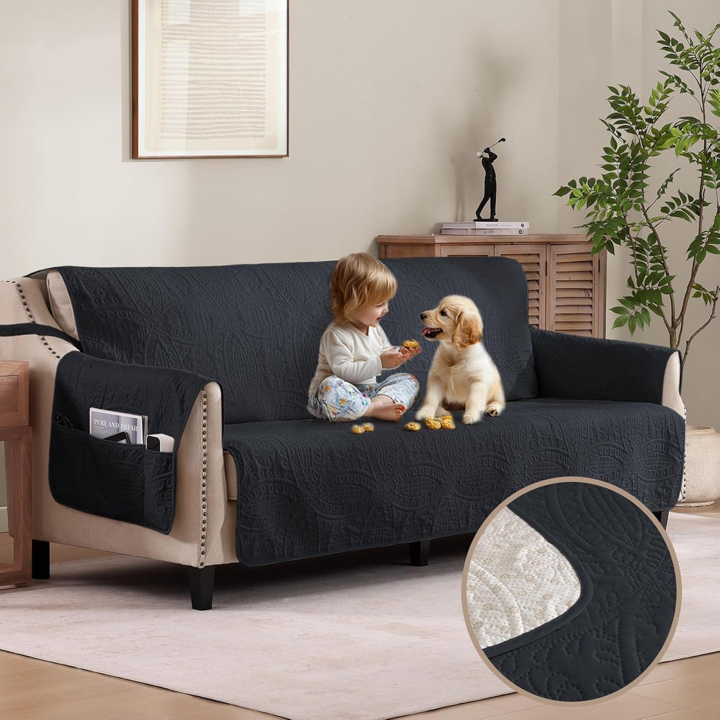 Quilted Grand Sofa Covers Washable for 4 Cushion Couch