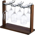 Modern Burnt Brown Solid Wood and Matte Black Metal Wine Glass Holder