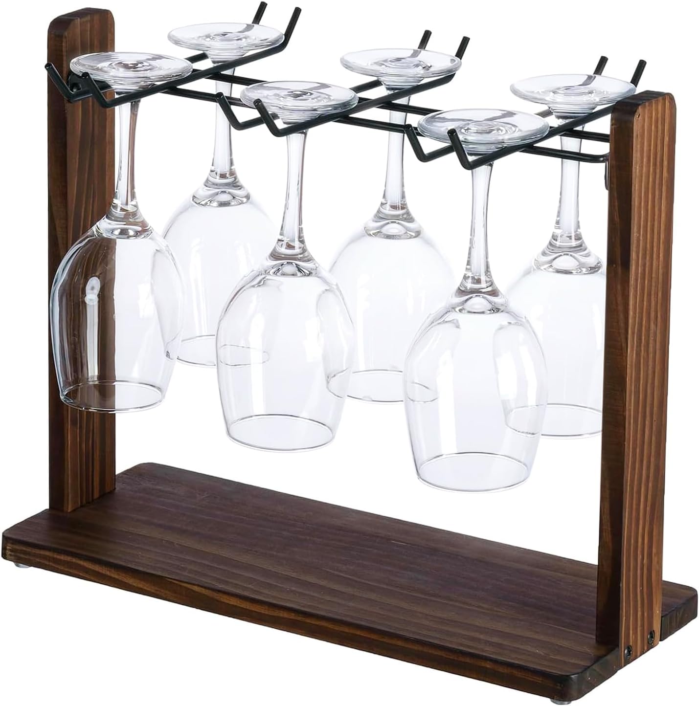 Modern Burnt Brown Solid Wood and Matte Black Metal Wine Glass Holder