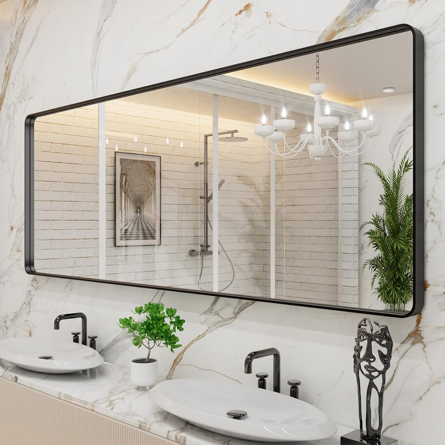 Large Rounded Rectangle Bathroom Mirror with Black Metal Frame