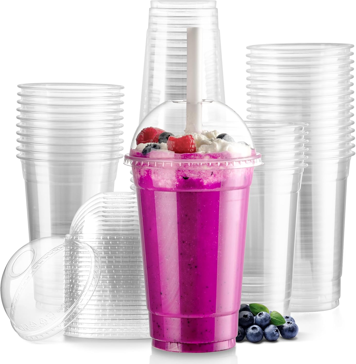 Durable 20 oz Clear Plastic Cups with Dome Lids for Cold Drinks