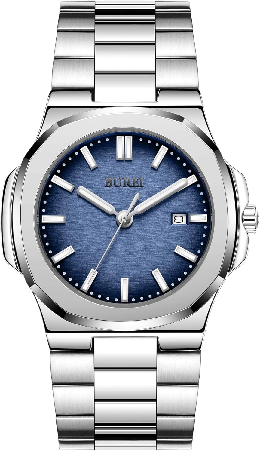 BUREI Men Watches Fashion Stainless Steel Analog Quartz Waterproof