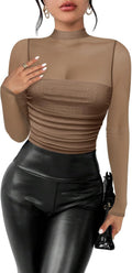 Women's Sexy Mesh Ruched Mock Neck Bodysuit - Slimming Sheer Top