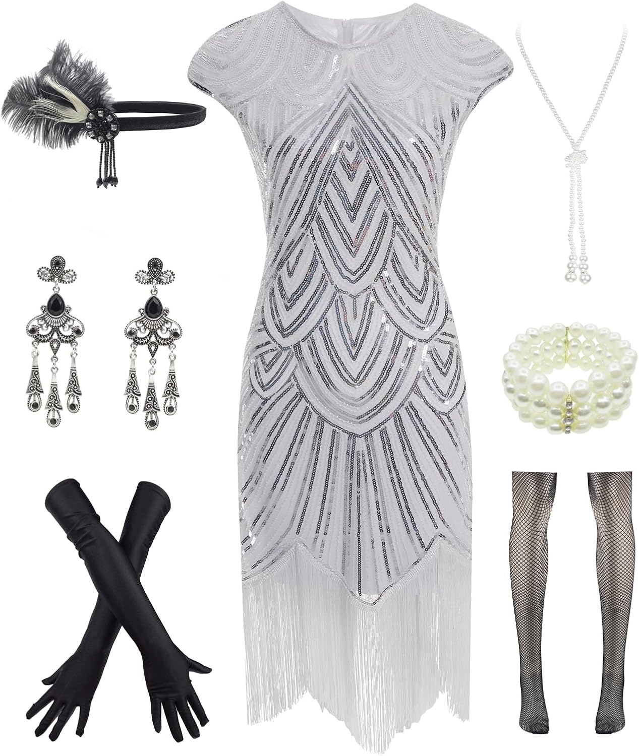 Vintage Lace Fringed Gatsby 1920s Cocktail Dress with Accessories