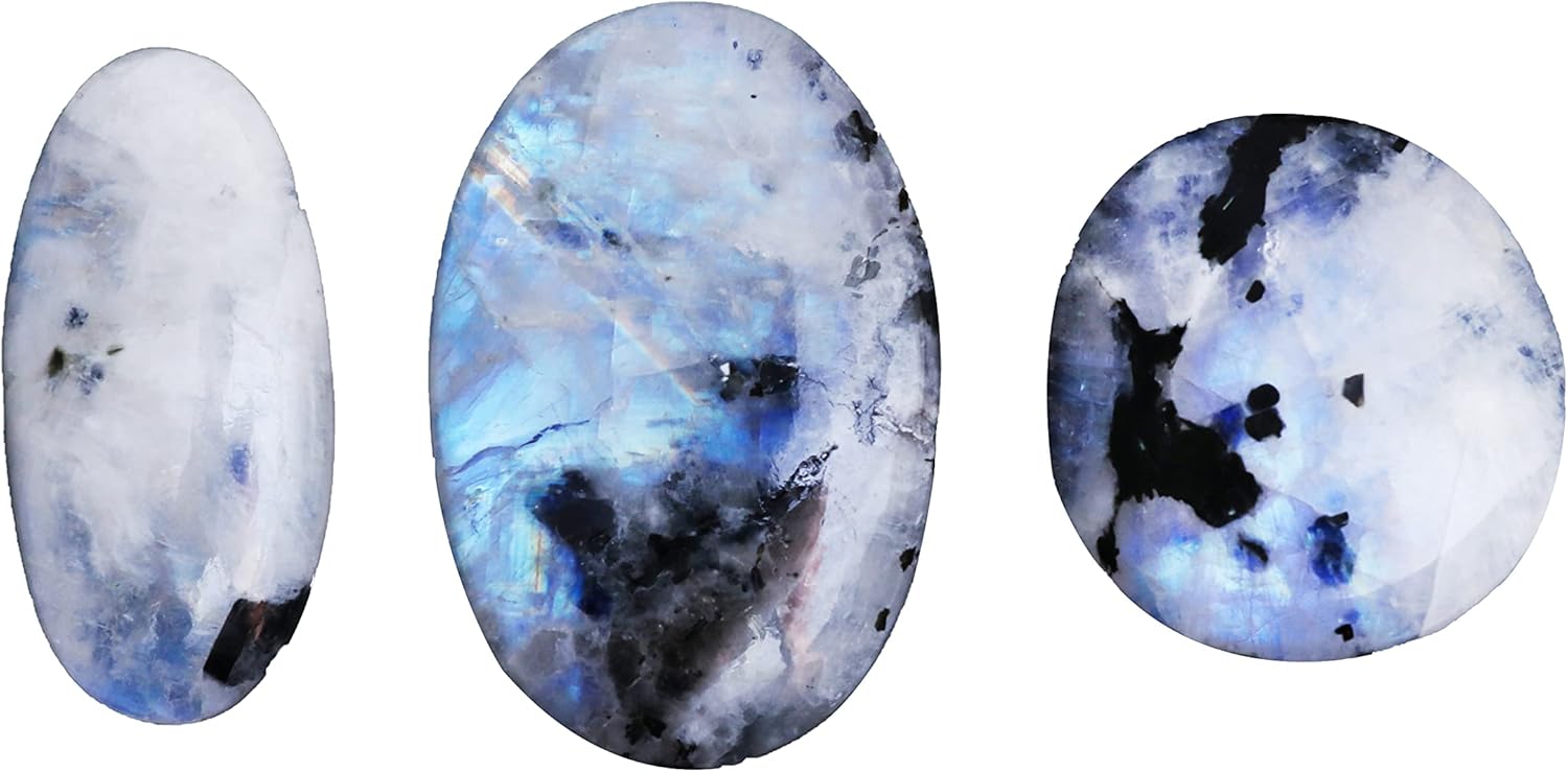 Natural Rainbow Moonstone and Black Tourmaline Cabochons Lot