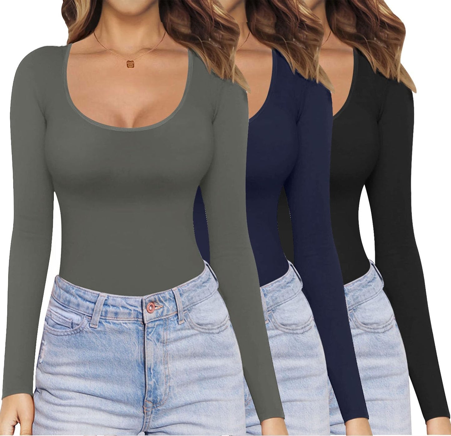 Ekouaer Womens Long Sleeve Scoop Neck Tops 3 Pack for All Seasons