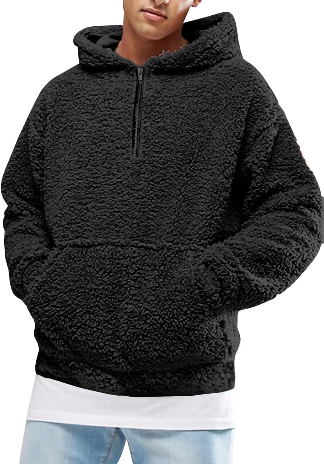 Runcati Mens Fuzzy Sherpa Pullover Hoodie for Winter Style
