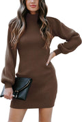 Women Long Sleeve Turtle Mock Neck Rib Knit Bodycon