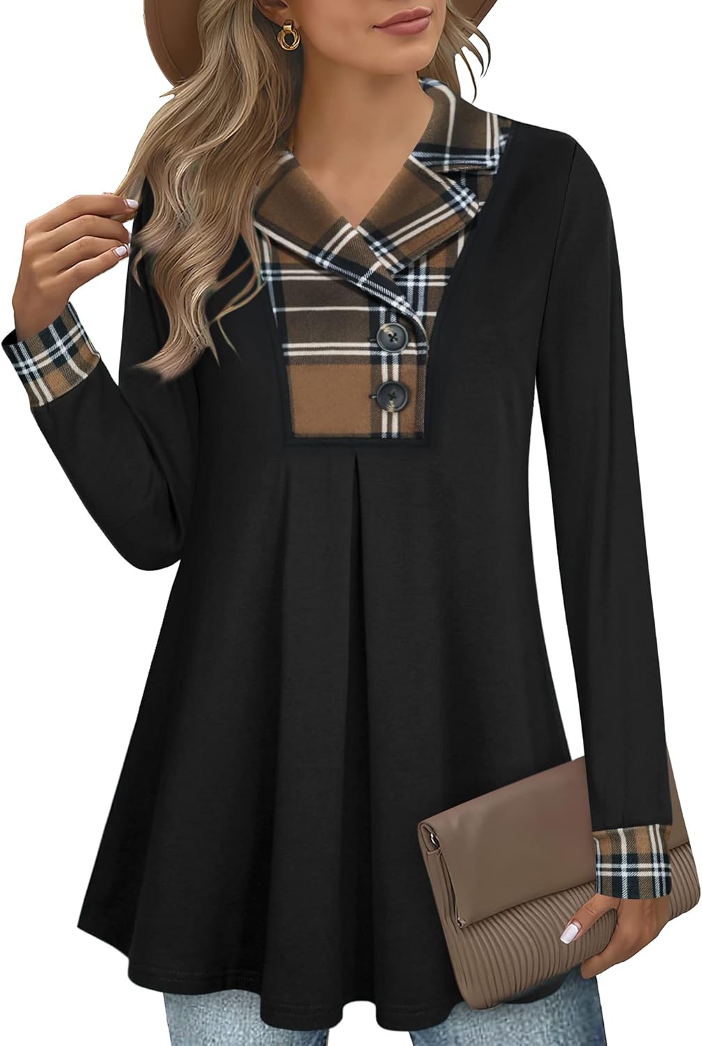 Gaharu Women's Swing Tunic Notch Collar Long Sleeve Pullover
