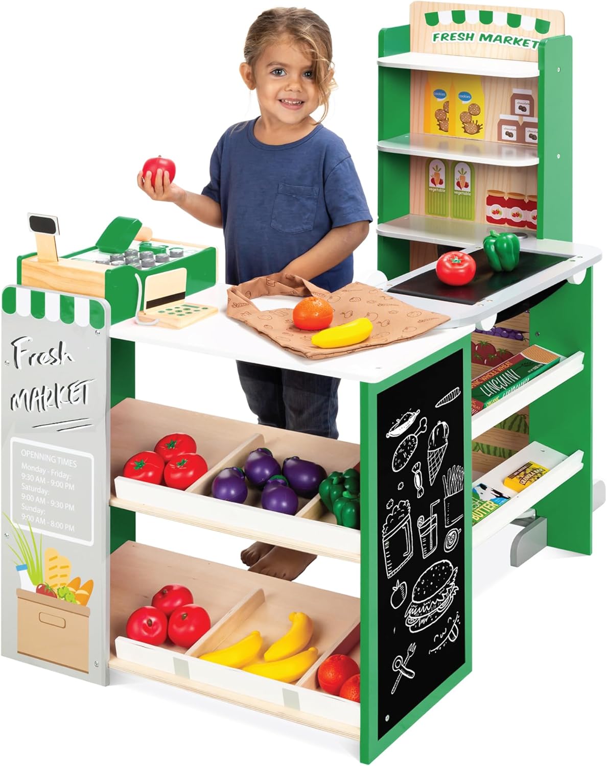 Pretend Play Grocery Store Wooden Supermarket Toy Set for Kids