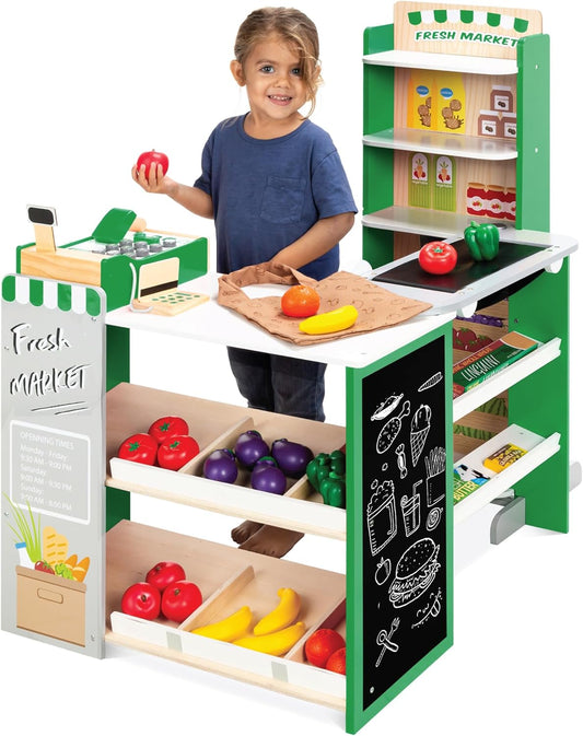 Pretend Play Grocery Store Wooden Supermarket Toy Set for Kids