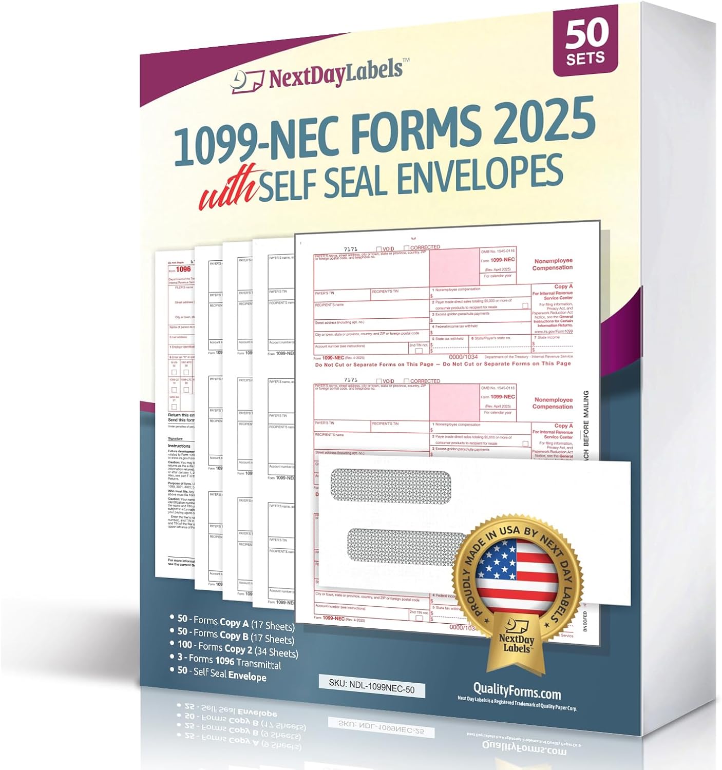 1099-NEC Forms for 2025 - Complete Vendor Kit with Envelopes