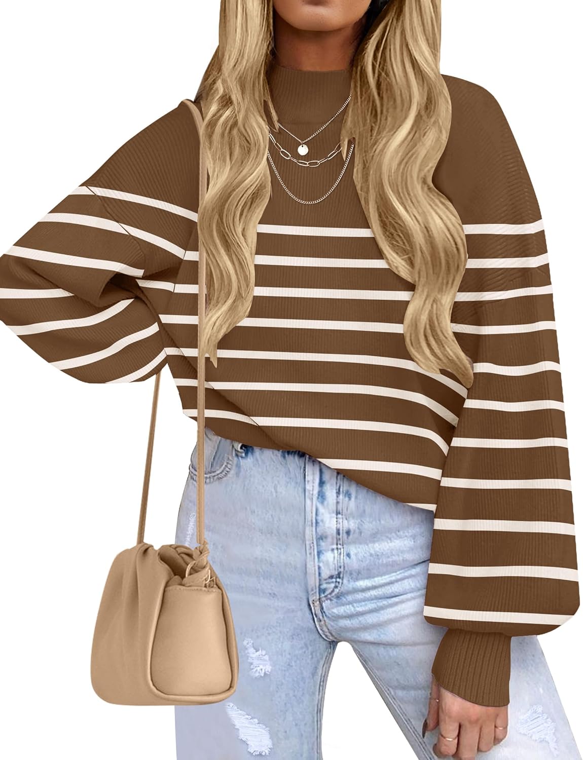 Stylish Turtleneck Long Sleeve Striped Pullover Sweater Tops