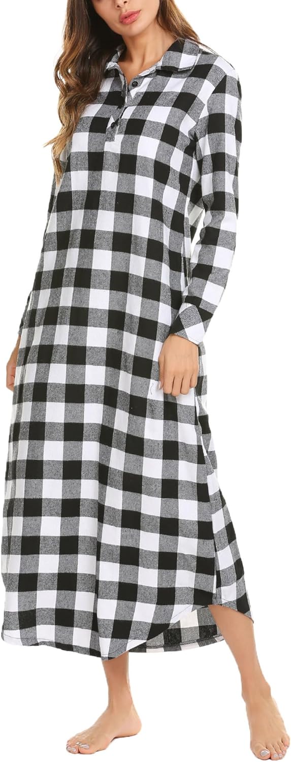 Ekouaer Women's Cotton Nightgown Long Sleeve Plaid Sleepwear