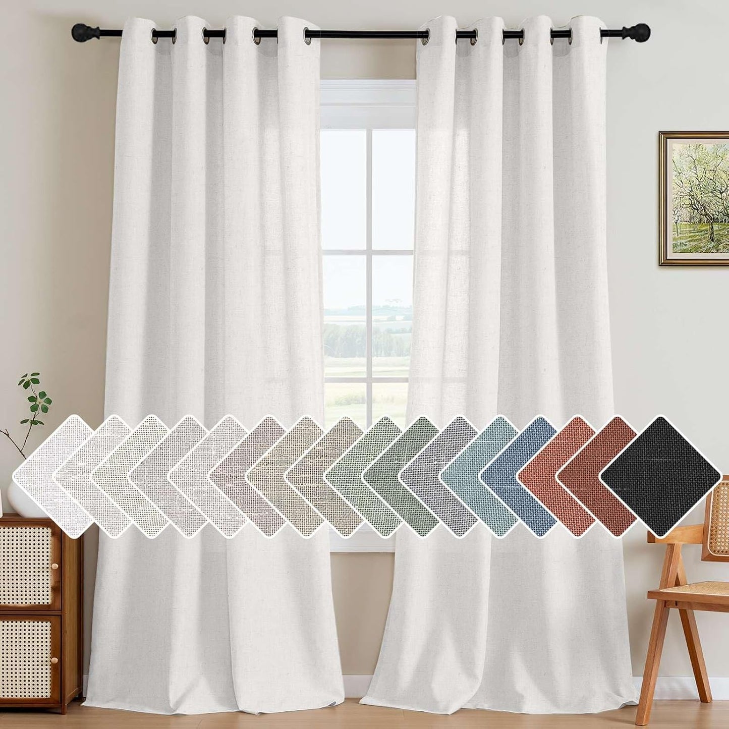 Elegant Natural Linen Semi Sheer Light Filtering Curtains Set