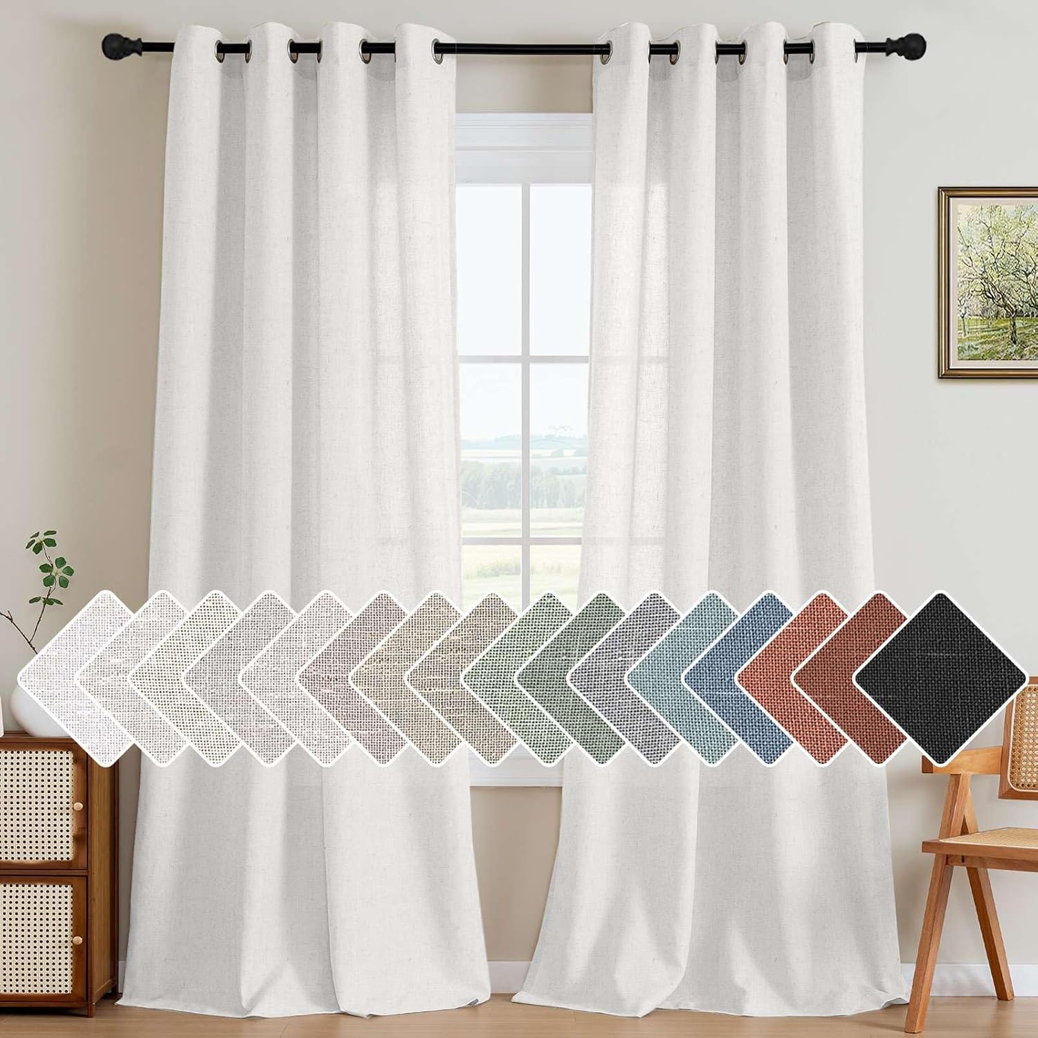 Elegant Natural Linen Semi Sheer Light Filtering Curtains Set