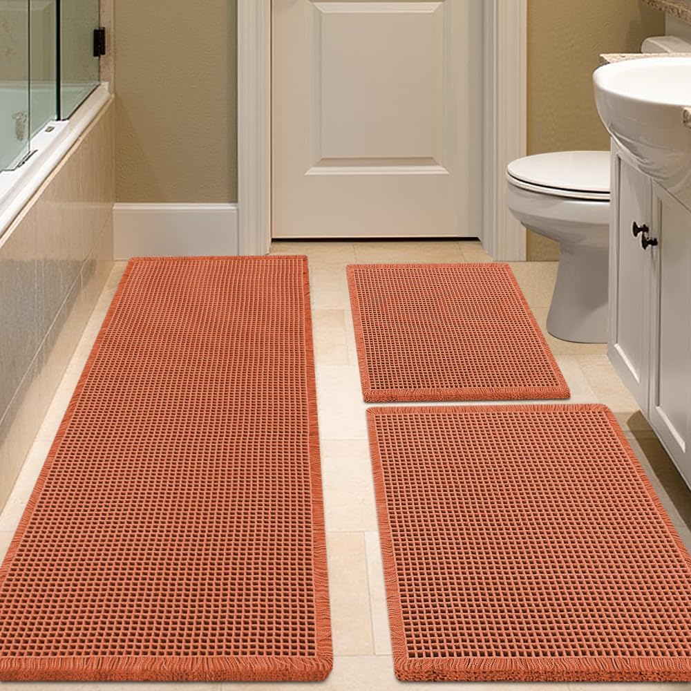 Waffle Bath Mat Set 3 Piece Orange for Modern Bathroom Decor