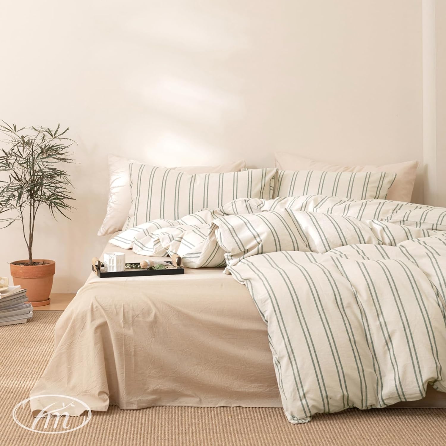 VM VOUGEMARKET Striped Duvet Cover Set Queen in Beige Cotton