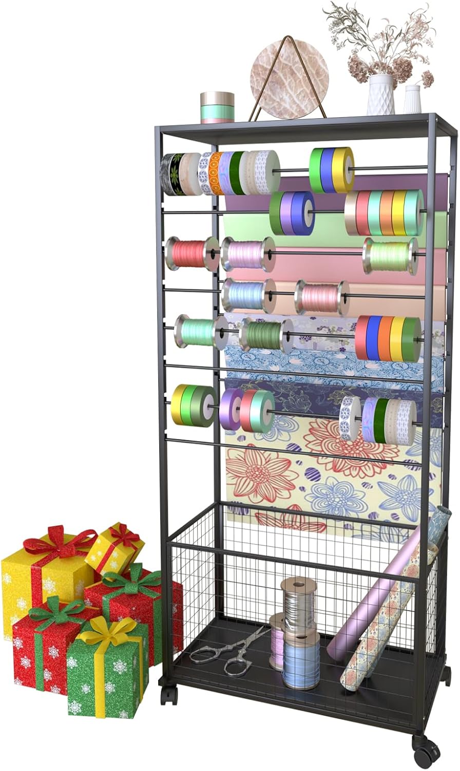16 Tier Ribbon Organizer Rack for Craft Room with Wheels