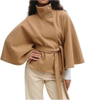 Women's Batwing Sleeve Poncho Coat Oversized Pea Coat - Cropped Belted