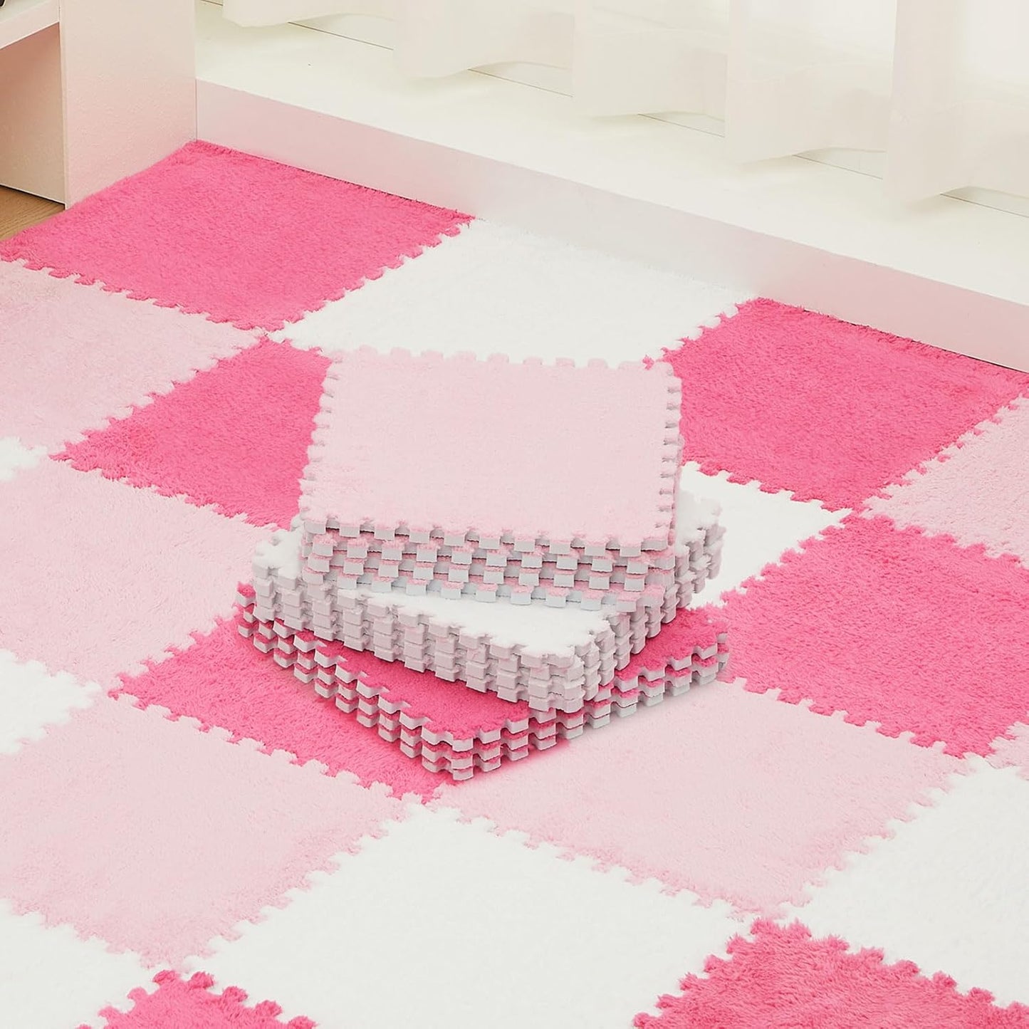 36 Pcs Plush Foam Floor Mat Interlocking Carpet Tiles for Play