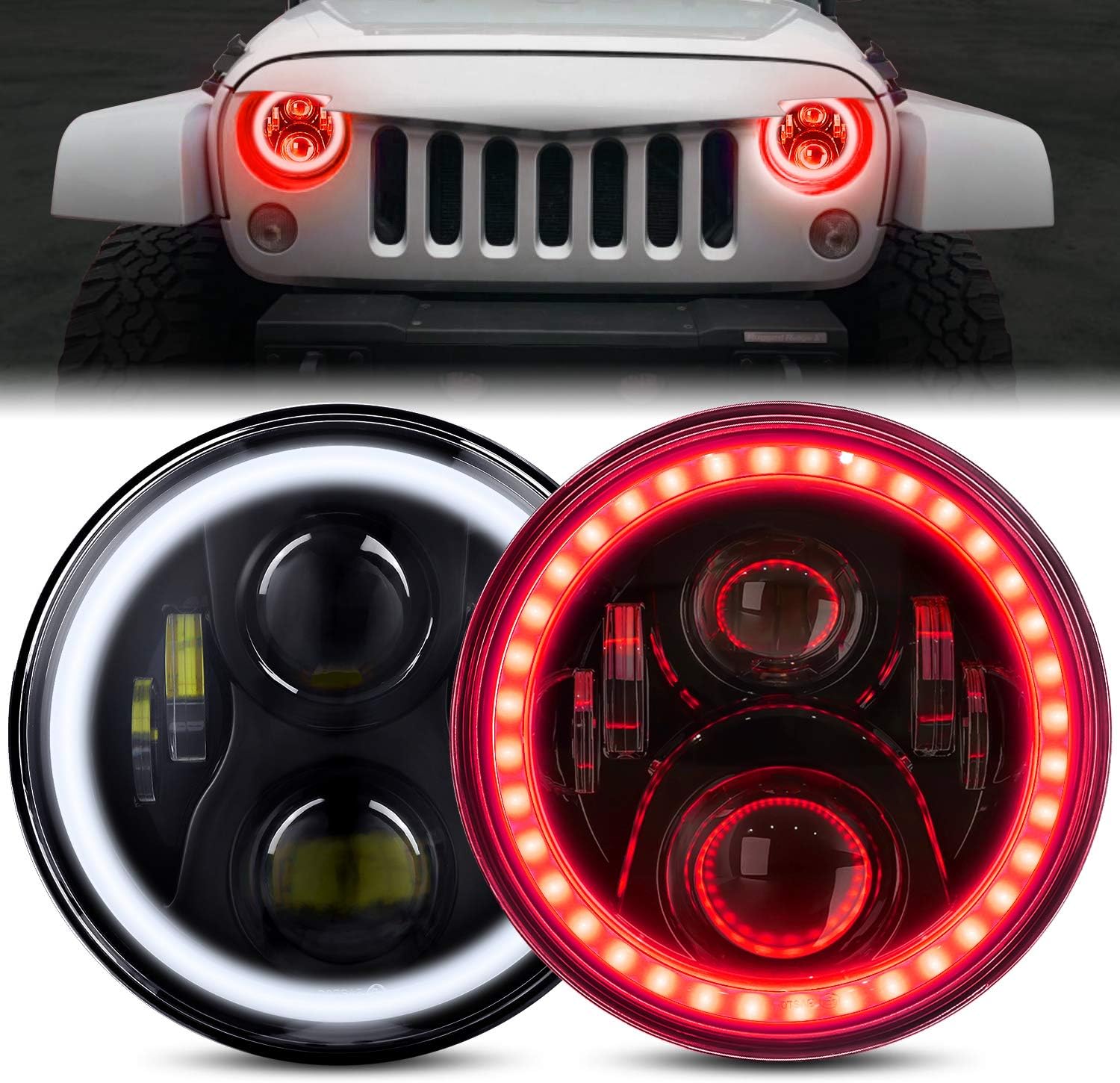 7 Inch LED Halo Headlights with Red Halo Ring for Wrangler