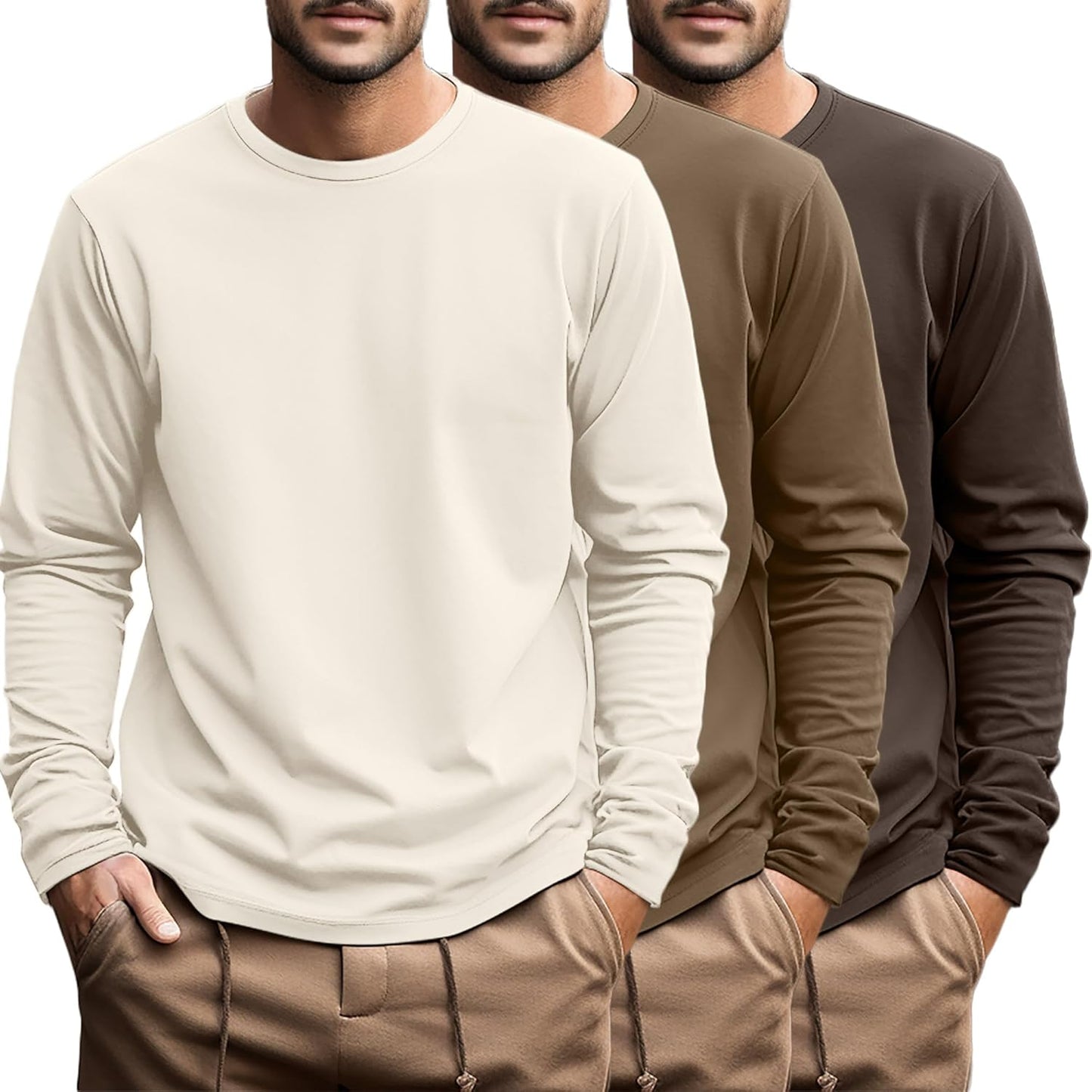 Men's Big and Tall Long Sleeve Cotton Tee 3 Pack Casual Tops