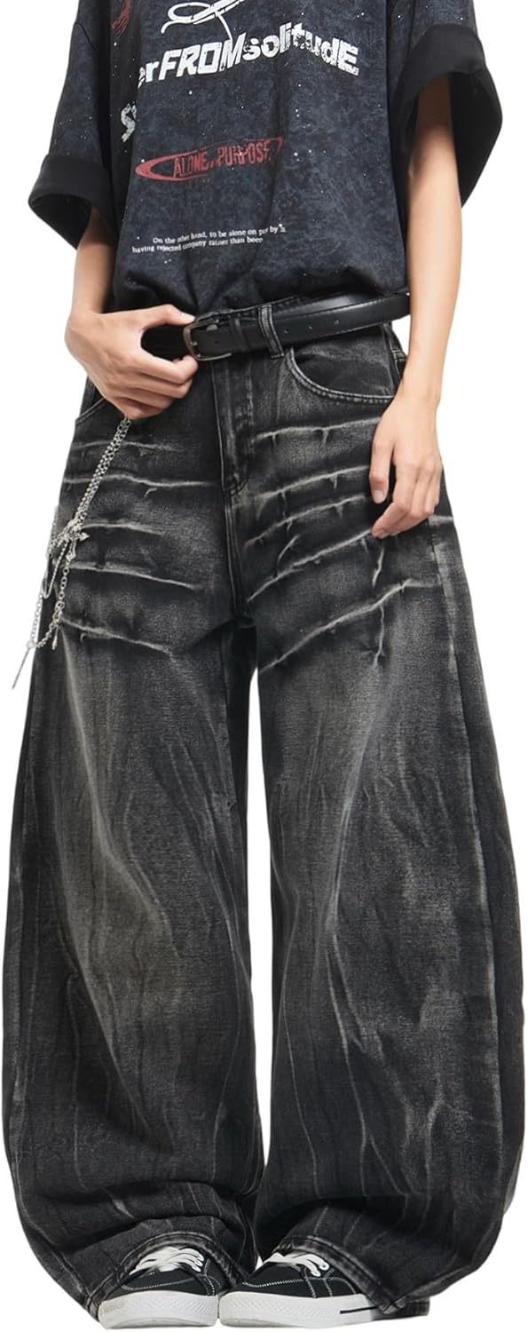 Mens Streetwear Baggy Jeans Wide Leg Skater Denim Pants