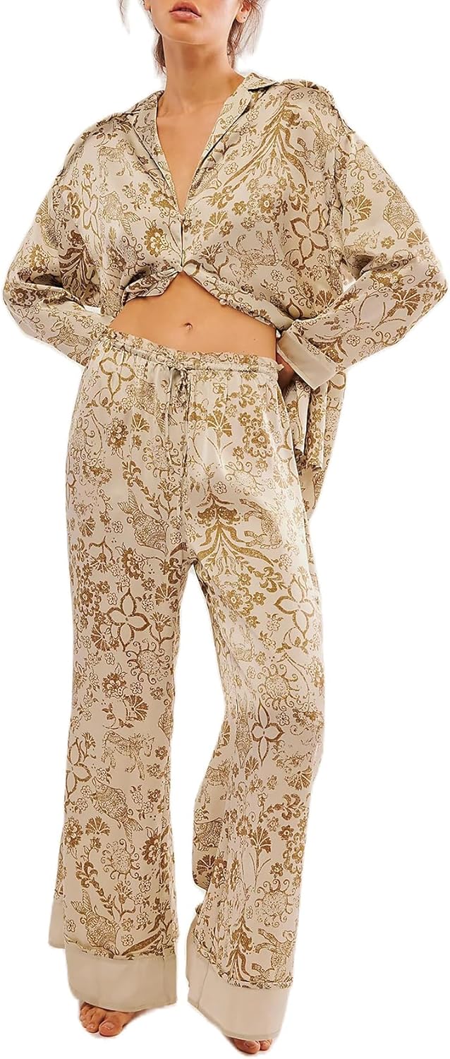 Satin Silk Pajama Set for Women - Floral Long Sleeve PJs