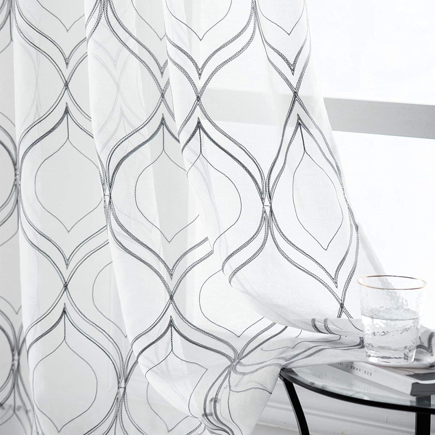 VISIONTEX Moroccan Embroidered Trellis White Sheer Curtains Panels