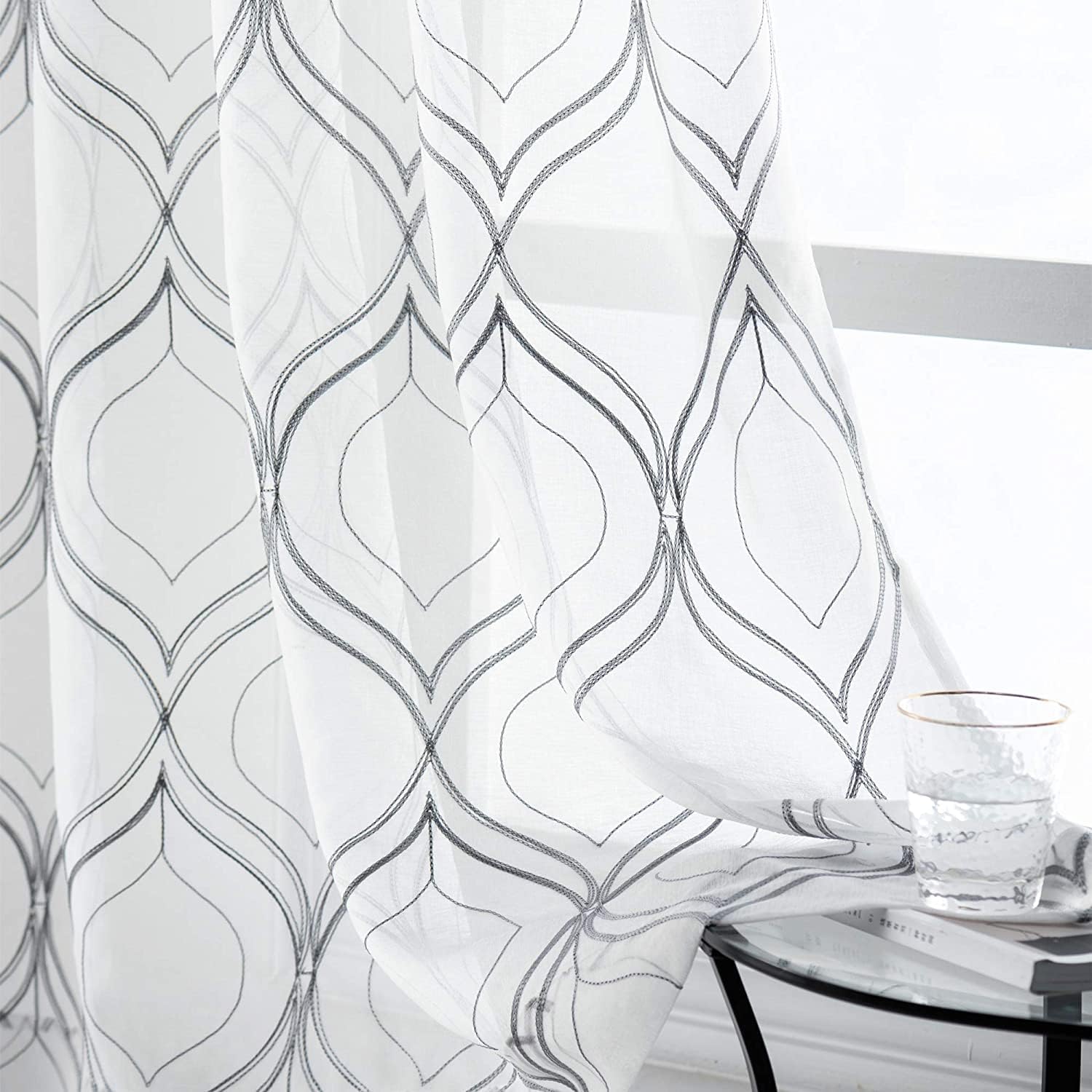 VISIONTEX Moroccan Embroidered Trellis White Sheer Curtains Panels