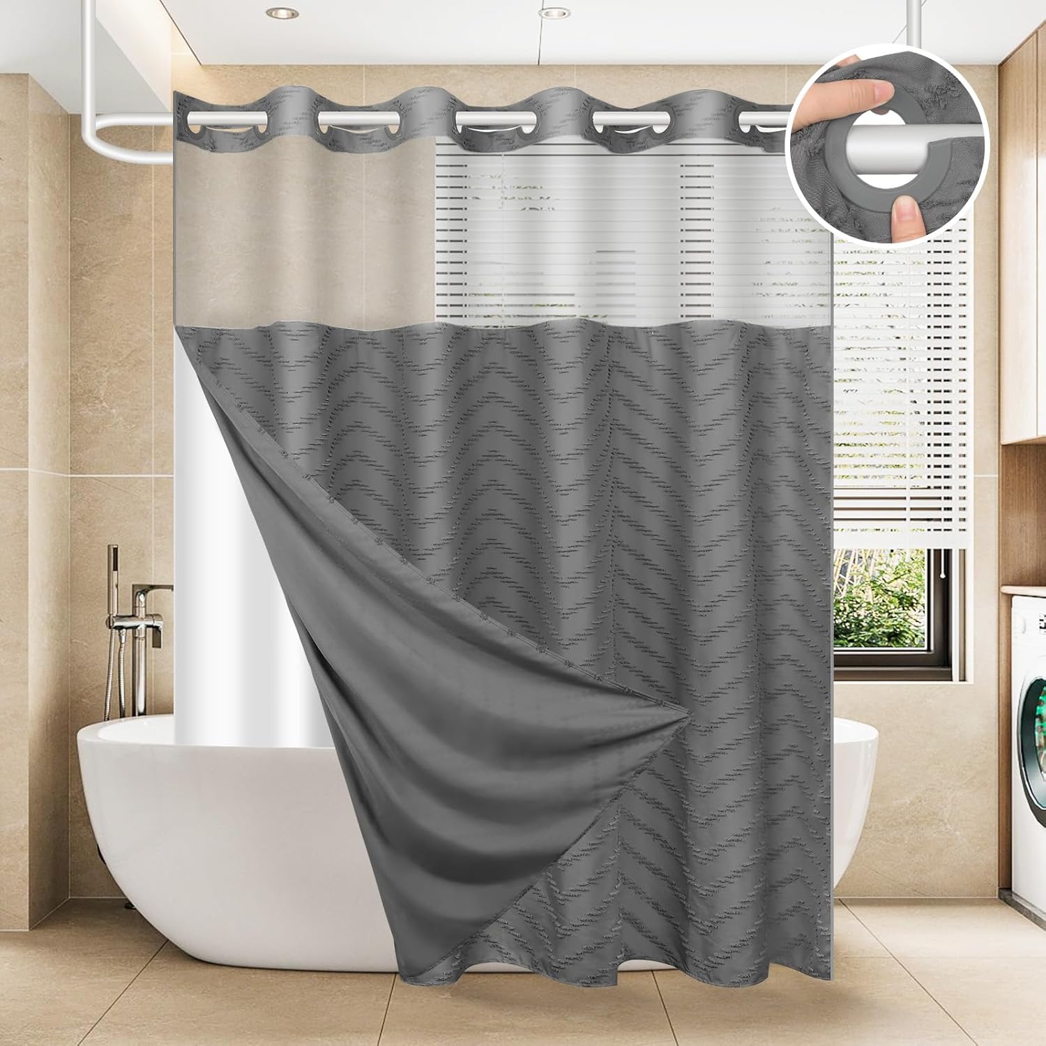 No Hook Shower Curtain Set with Snap in Liner for Easy Use