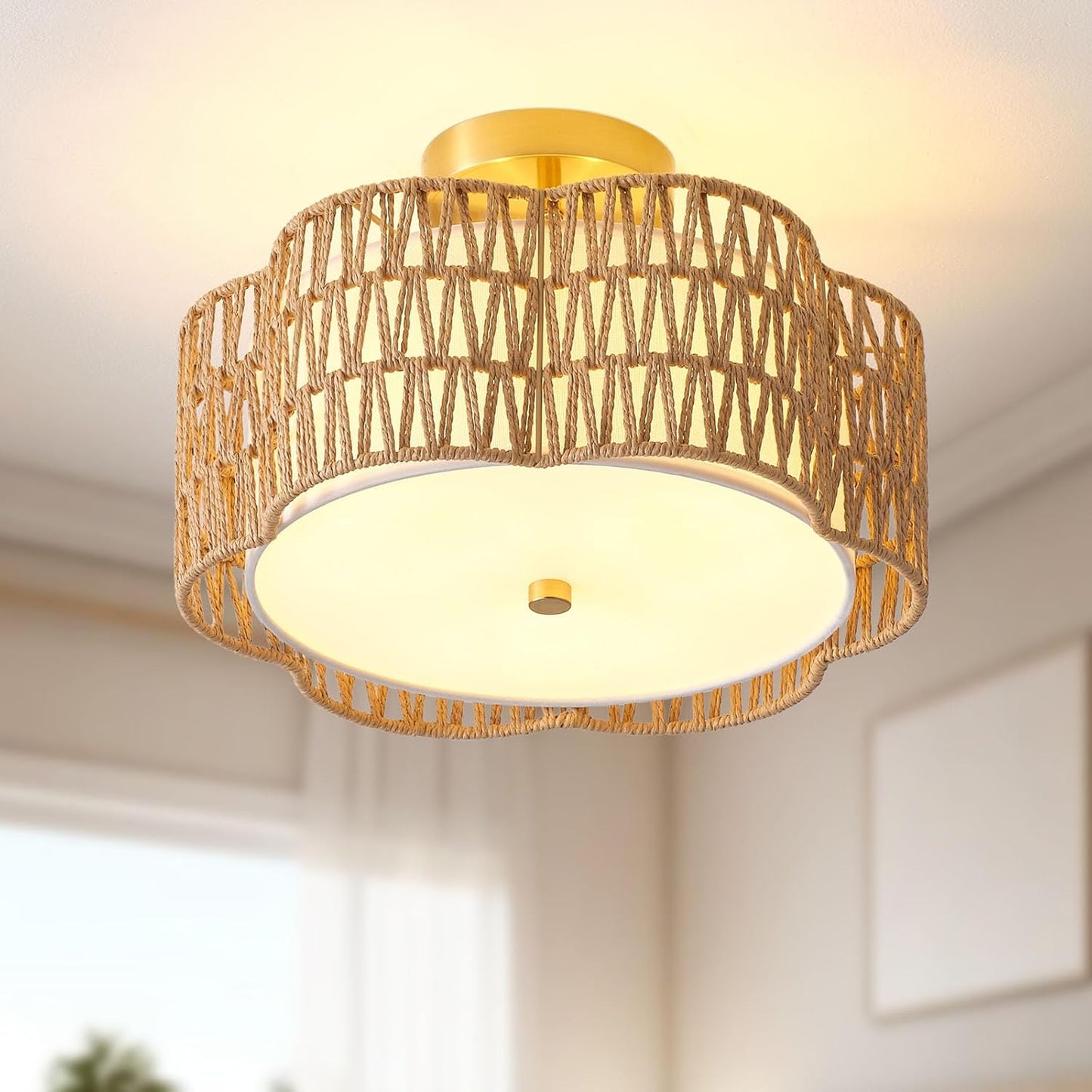 Boho Rattan Ceiling Light Fixture for Bedroom and Hallway